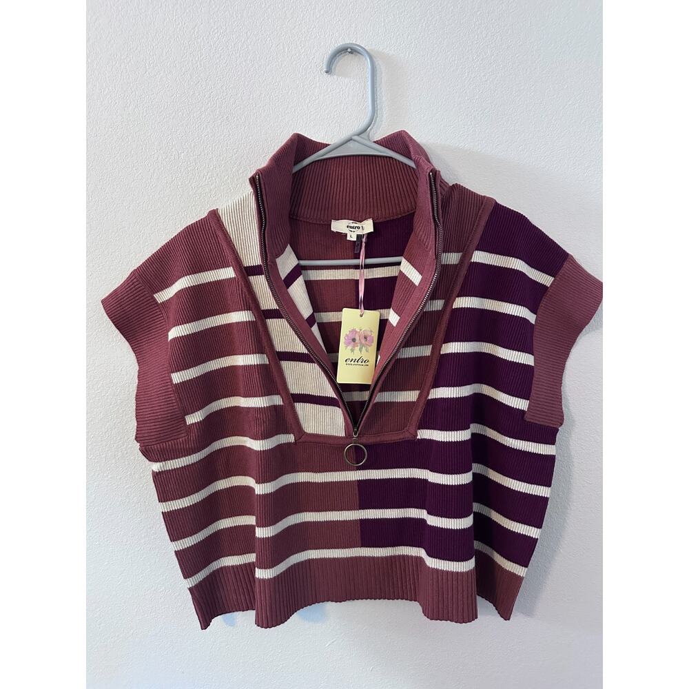 Entro Anthroplogie womens size large cropped vest half zip stripped pink red - Picture 3 of 6